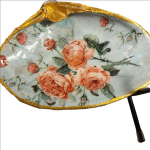 DECOUPAGE CLAM SHELL DECOUPAGE FLOWERS TRINKET DISH
